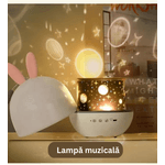 Casa si Gradina - Corpuri si surse de iluminat - Veioze si lampi - Lampi de veghe copii - Lampa de noapte muzicala, de veghe, pentru copii, Danex, telecomanda, proiector, sunet alb, rotativ cu 6 filme de proiectie, 8 tipuri de muzica, Iepuras, Alb - Infinity.ro