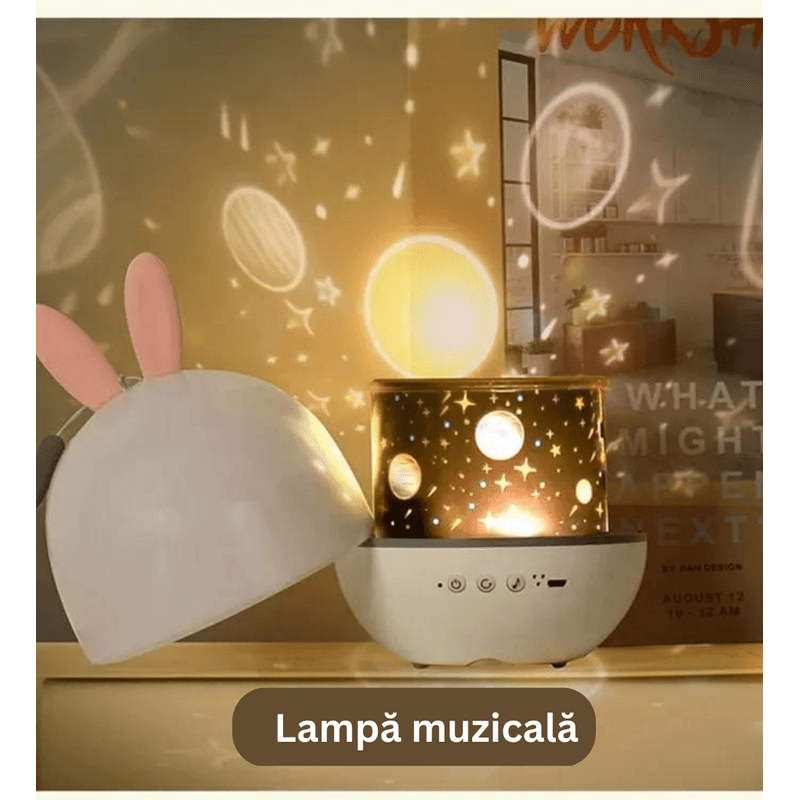 Casa si Gradina - Corpuri si surse de iluminat - Veioze si lampi - Lampi de veghe copii - Lampa de noapte muzicala, de veghe, pentru copii, Danex, telecomanda, proiector, sunet alb, rotativ cu 6 filme de proiectie, 8 tipuri de muzica, Iepuras, Alb - Infinity.ro