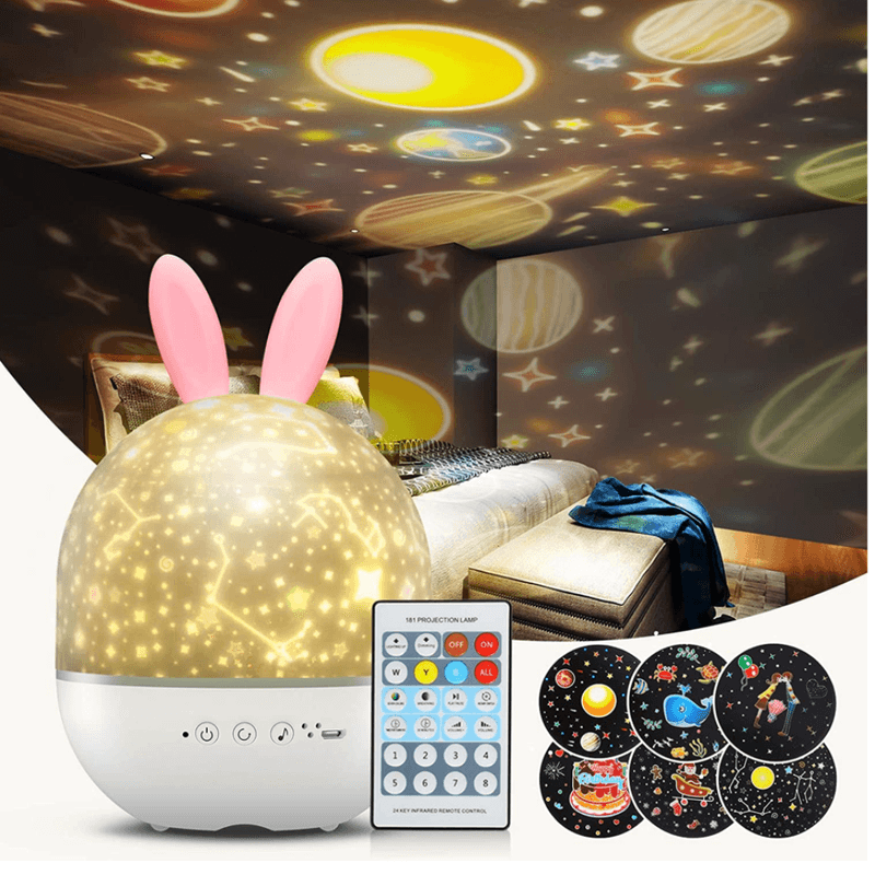Casa si Gradina - Corpuri si surse de iluminat - Veioze si lampi - Lampi de veghe copii - Lampa de noapte muzicala, de veghe, pentru copii, Danex, telecomanda, proiector, sunet alb, rotativ cu 6 filme de proiectie, 8 tipuri de muzica, Iepuras, Alb - Infinity.ro