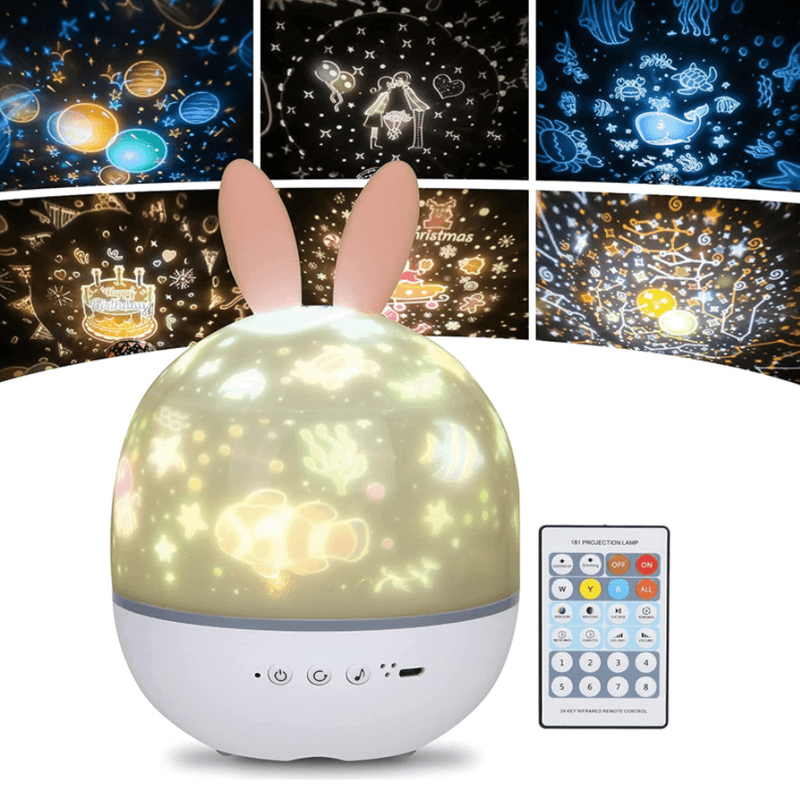 Casa si Gradina - Corpuri si surse de iluminat - Veioze si lampi - Lampi de veghe copii - Lampa de noapte muzicala, de veghe, pentru copii, Danex, telecomanda, proiector, sunet alb, rotativ cu 6 filme de proiectie, 8 tipuri de muzica, Iepuras, Alb - Infinity.ro