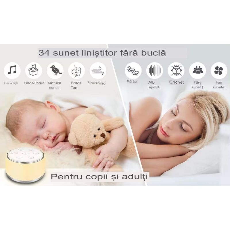 Laptop, Telefoane si Tablete - Wearables si gadgeturi - Gadgeturi - Accesorii SMART - Aparat de sunete albe, cu 34 de melodii pentru somn si relaxare, reincarcabil prin USB, oprire temporizata, pentru bebelusi, copii si adulti WI-FI, control vocal - Infinity.ro