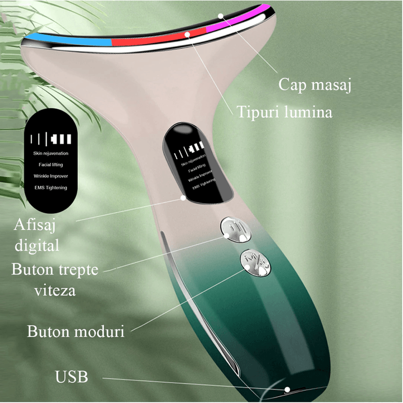 Ingrijire personala si Cosmetice - Aparate & accesorii ingrijire personala - Aparate cosmetice - Aparate intretinere si ingrijire corporala - Aparat lifting facial, Danex, Regenerare si intinerire piele, eliminare riduri, hidratare, 3 trepte de intesitate cu lumina led, pentru fata, gat, Verde - Infinity.ro