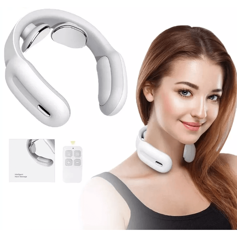 Ingrijire personala si Cosmetice - Sanatate si wellness - Articole wellness - Aparate si dispozitive de masaj - Aparat masaj cervical, Danex, cu impulsuri electromagnetice, incalzire, portabil, 3 moduri de masaj pentru gat, 15 nivele de intensitate, USB, telecomanda, alb - Infinity.ro