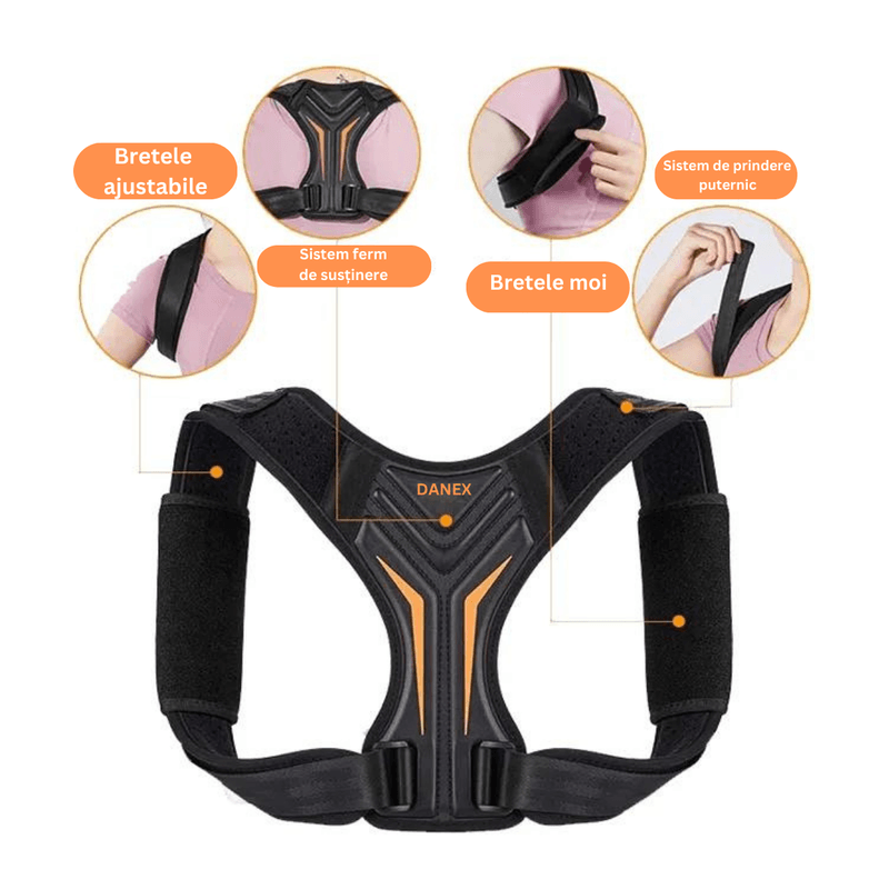 Ingrijire personala si Cosmetice - Sanatate si wellness - Aparate medicale - Suporturi ortopedice si orteze - Corector de postura, Danex, pentru indreptare, coloana, umeri si clavicula, bretele ajustabile, ham suport pentru spate drept, unisex, material textil, Negru, S - Infinity.ro