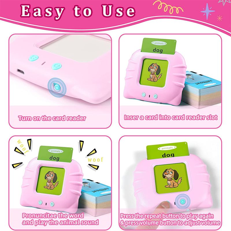 Jucarii, Copii si Bebe - Jucarii si jocuri - Jucarii & jocuri educative - Jocuri si jucarii educative - Set masina de invatare a cititor de carduri, jucarie educativa pentru copii, MorFansi, 112 bucati carduri flash 224 de cuvinte, STEM, 2 ani+, Roz - Infinity.ro