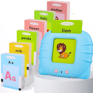 Jucarie educativa Montessori, Set masina de invatare cu cititor de carduri, Danex, invata engleza, carduri flash 224 de cuvinte, Albastru