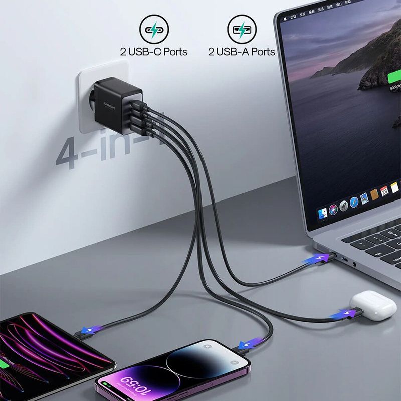 Laptop, Telefoane si Tablete - Telefoane mobile si accesorii - Accesorii Telefoane - Incarcatoare telefoane - Incarcator Joyroom Ultra Rapid, Putere 67W, Model JR-TCG02 EU, Porturi 2 x Type C și 2 x USB-A, Cablu inclus, Negru - Infinity.ro