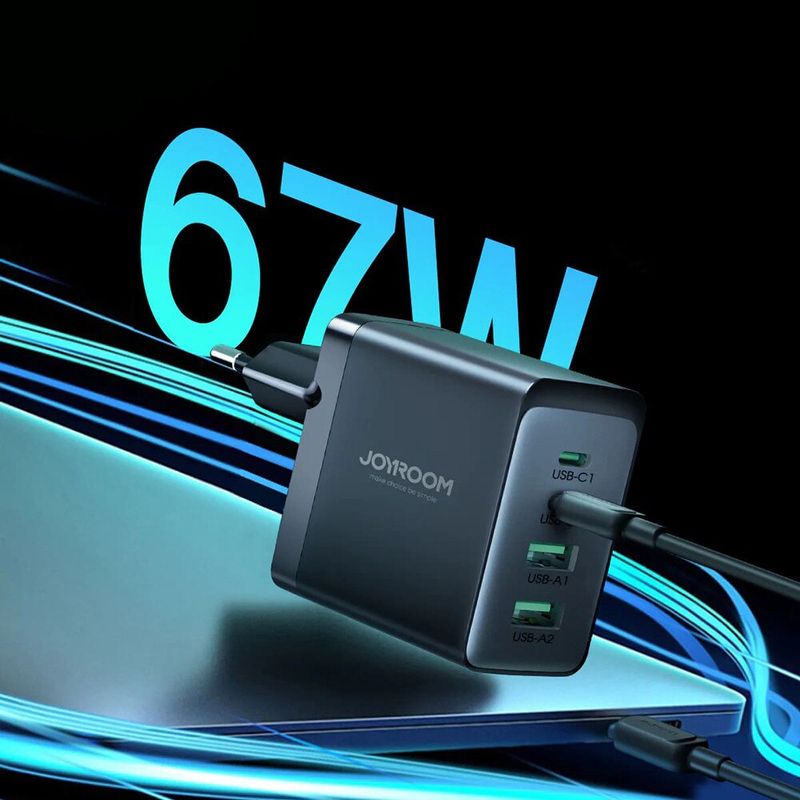 Laptop, Telefoane si Tablete - Telefoane mobile si accesorii - Accesorii Telefoane - Incarcatoare telefoane - Incarcator Joyroom Ultra Rapid, Putere 67W, Model JR-TCG02 EU, Porturi 2 x Type C și 2 x USB-A, Cablu inclus, Negru - Infinity.ro