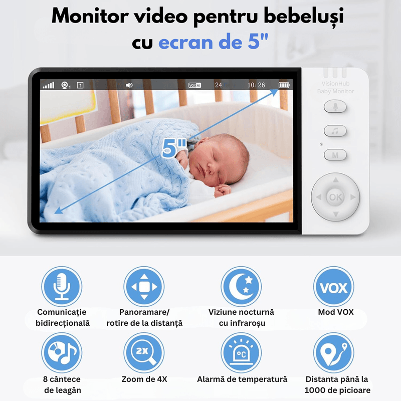 Casa si Gradina - Mobilier - Mobilier copii - Monitoare video copii - Baby Monitor WiFi 2in1 cu Camera Audio-Video Multi View, UltraHD/5” Night Vision, Rotire 355°/90°, Zoom 4X, Notificari - Infinity.ro