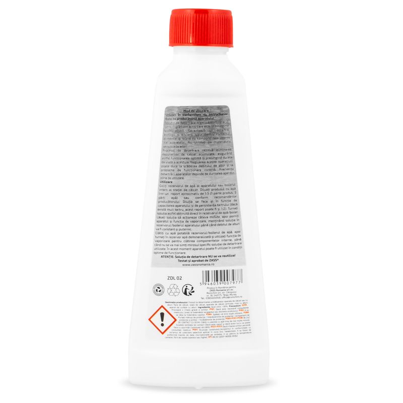 Electronice si Electrocasnice - Electrocasnice bucatarie - Preparare bauturi - Accesorii si consumabile aparate preparare bauturi - Decalcifiant lichid BIO pentru fiare de calcat, statii, mopuri, aparate calcare verticala ZASS ZDL 02  -250 ML - Infinity.ro