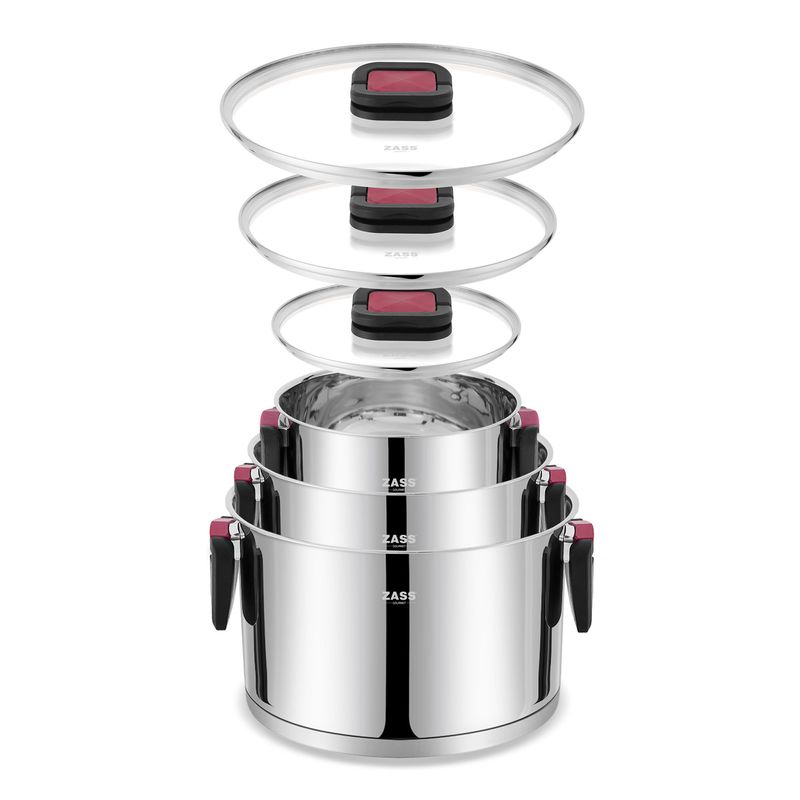 Casa si Gradina - Bucatarie si vesela - Vase pentru gatit - Oale si cratite - Set 3 oale stivuibile, Zass Gourmet ZG-SCS 04, 16x9.5 cm/1.9 L, 20x11.5 cm/3.6 L, 24x13.5 cm/6.1 L, Otel - Infinity.ro