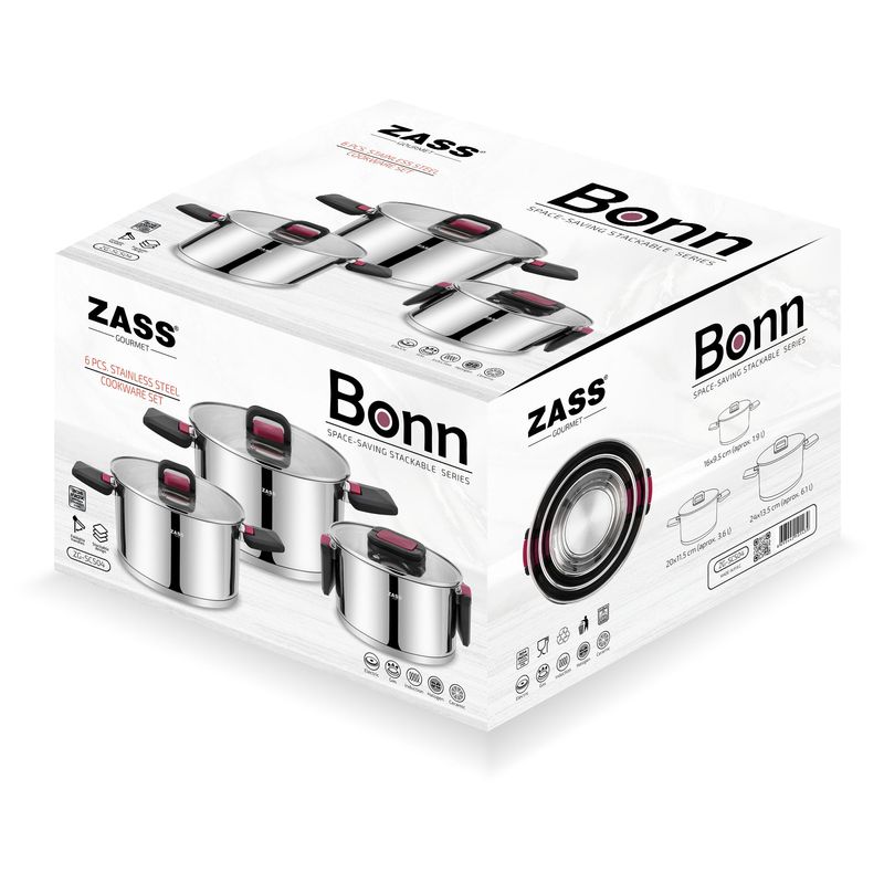 Casa si Gradina - Bucatarie si vesela - Vase pentru gatit - Oale si cratite - Set 3 oale stivuibile, Zass Gourmet ZG-SCS 04, 16x9.5 cm/1.9 L, 20x11.5 cm/3.6 L, 24x13.5 cm/6.1 L, Otel - Infinity.ro