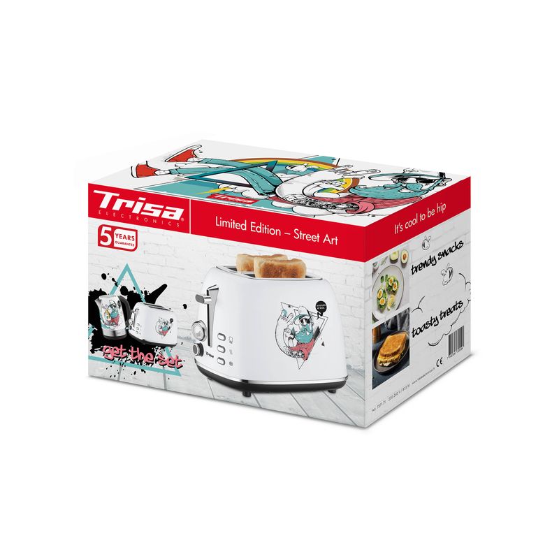 Electronice si Electrocasnice - Electrocasnice bucatarie - Preparare paine - Prajitoare de paine - Prajitor de paine editie limitata TRISA Street Art, 7371.7112, 815 W, 6 nivele, Tava firimituri, Design grafitti, Alb - Infinity.ro