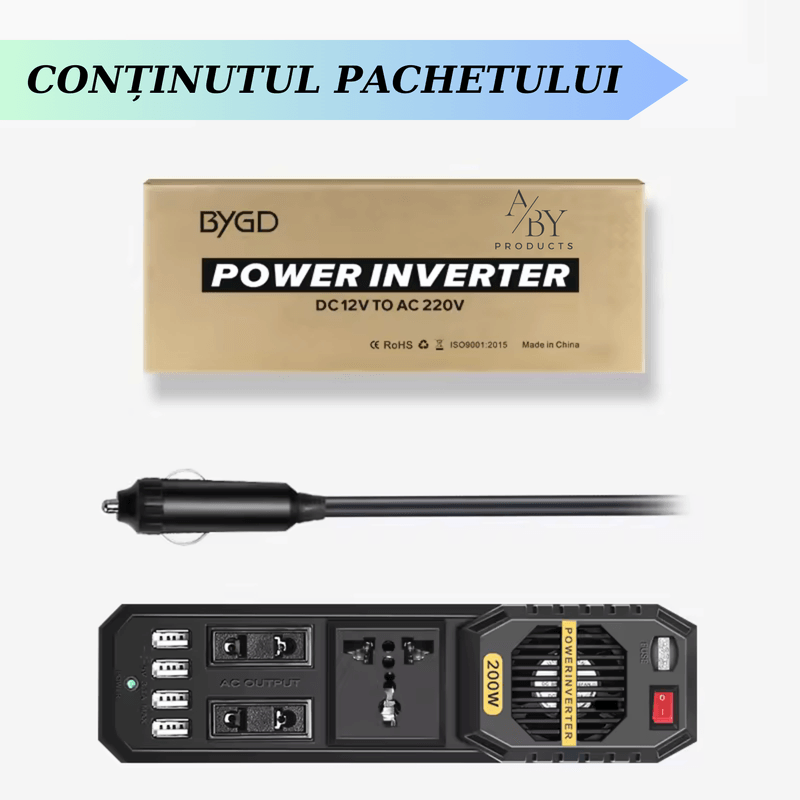 Auto si Moto - Piese auto si accesorii - Interior auto - Accesorii interior - Invertor auto de tensiune, 200W, 4 porturi USB, negru, 205x55x55mm - Infinity.ro