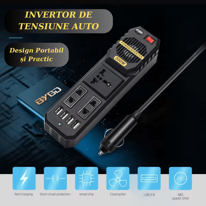 Auto si Moto - Piese auto si accesorii - Interior auto - Accesorii interior - Invertor auto de tensiune, 200W, 4 porturi USB, negru, 205x55x55mm - Infinity.ro