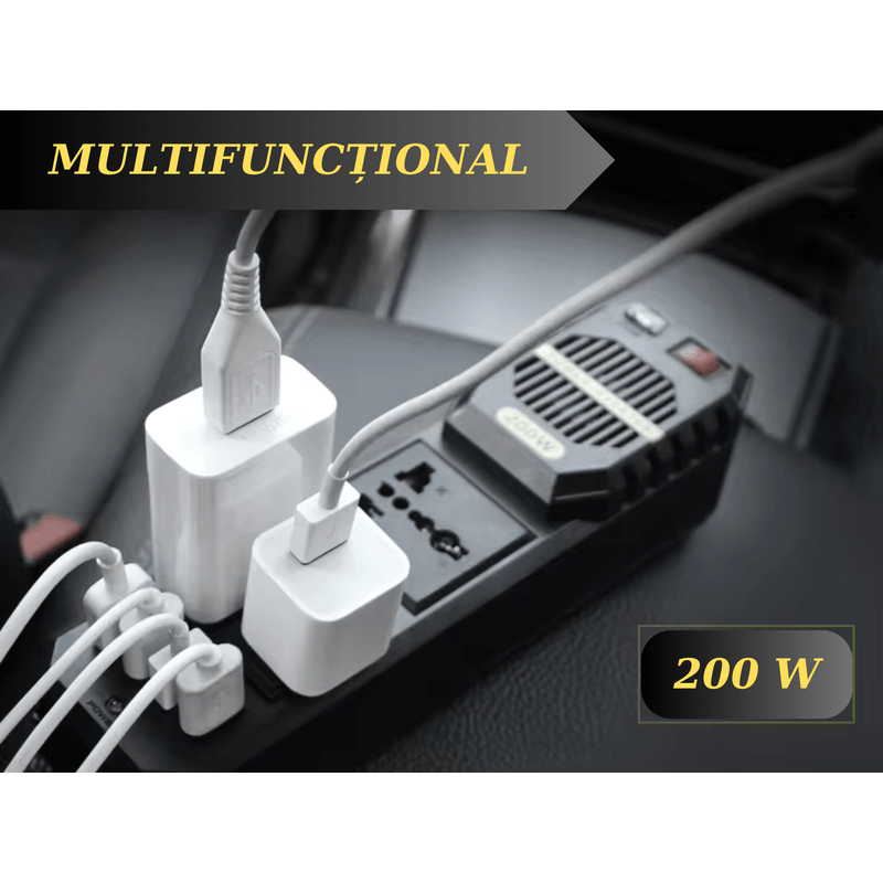 Auto si Moto - Piese auto si accesorii - Interior auto - Accesorii interior - Invertor auto de tensiune, 200W, 4 porturi USB, negru, 205x55x55mm - Infinity.ro