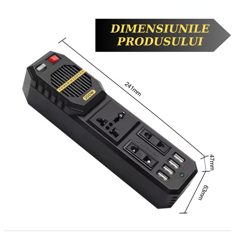 Auto si Moto - Piese auto si accesorii - Interior auto - Accesorii interior - Invertor auto de tensiune, 200W, 4 porturi USB, negru, 205x55x55mm - Infinity.ro