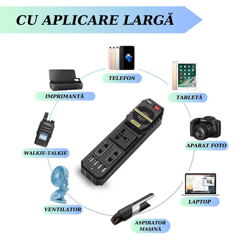 Auto si Moto - Piese auto si accesorii - Interior auto - Accesorii interior - Invertor auto de tensiune, 200W, 4 porturi USB, negru, 205x55x55mm - Infinity.ro