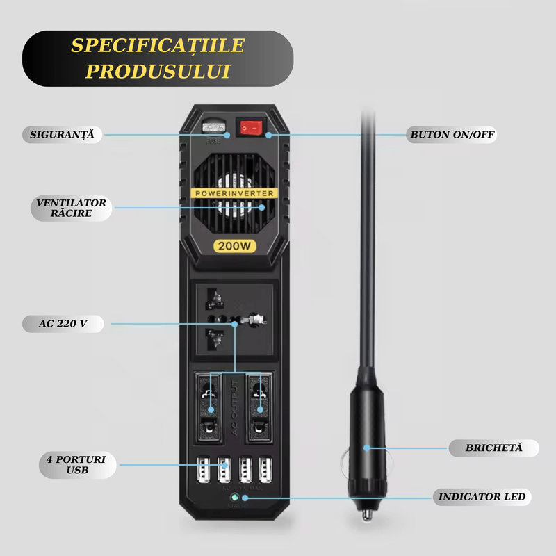 Auto si Moto - Piese auto si accesorii - Interior auto - Accesorii interior - Invertor auto de tensiune, 200W, 4 porturi USB, negru, 205x55x55mm - Infinity.ro