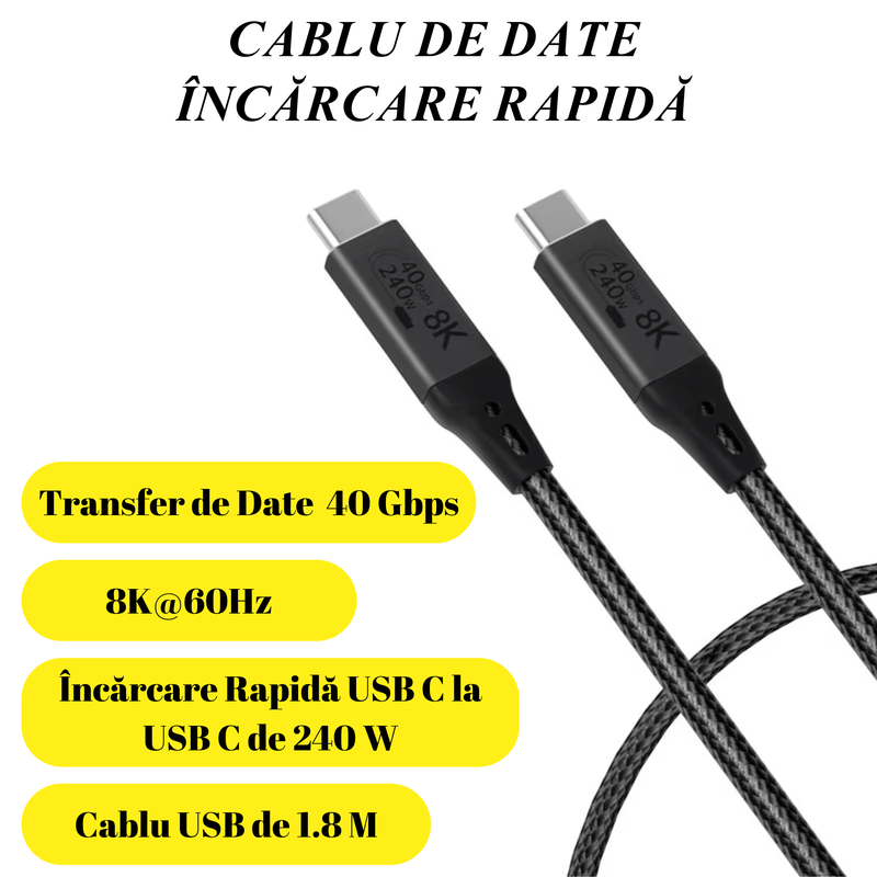 Laptop, Telefoane si Tablete - Telefoane mobile si accesorii - Accesorii Telefoane - Alte accesorii telefoane - Cablu date USB cu Incarcare Rapida, ABY PRODUCTS®, USB-C la USB-C, 8K@60Hz, Transfer Date 40Gbps, Super Fast Charger - Infinity.ro