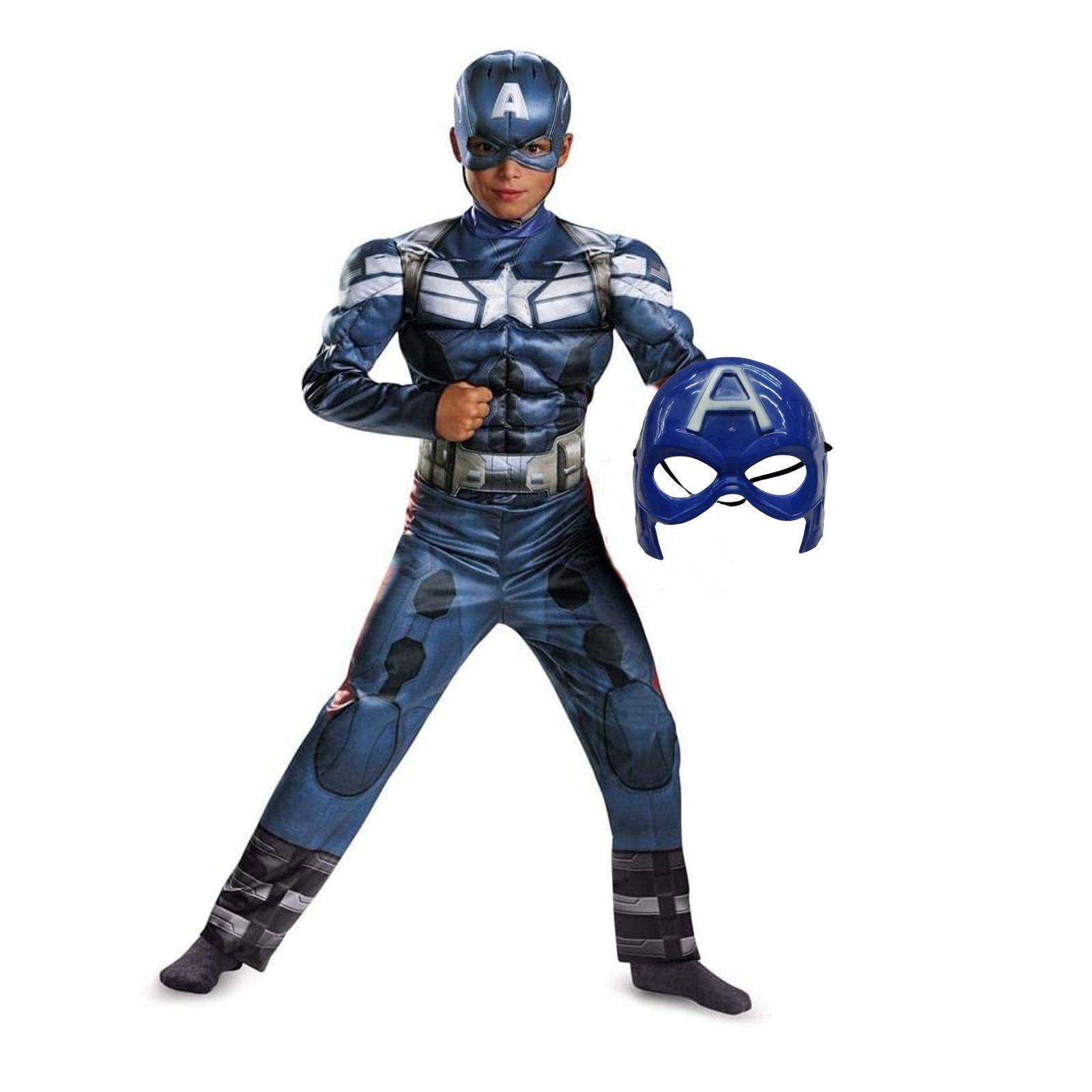 Costum Captain America KidMania® cu muschi pentru baieti, 5-7 ani 110-120 cm