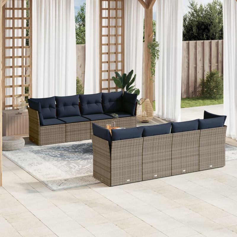 Casa si Gradina - Gradina si terasa - Mobilier exterior - Seturi mobila gradina - Set canapele de gradina, 9 piese, cu perne, gri, poliratan - Infinity.ro