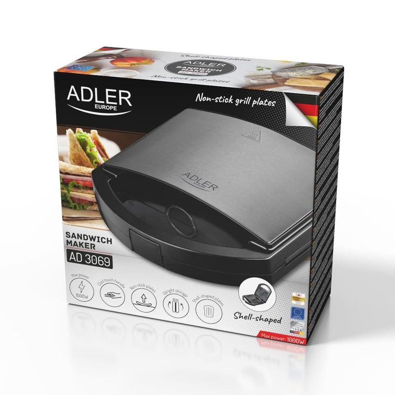 Electronice si Electrocasnice - Electrocasnice bucatarie - Preparare paine - Sandwich-maker - Sandwich maker Adler AD3069, 1000 W, strat antiaderent, Negru - Infinity.ro
