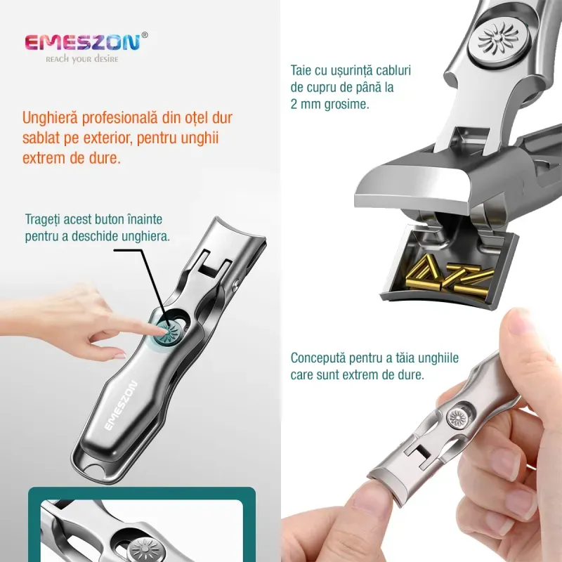 Ingrijire personala si Cosmetice - Manichiura si pedichiura - Unghiere si clesti manichiura & pedichiura - Set Profesional ingrijire unghii, EMESZON® U1, Unghiera din otel dur sablat, Pila transparenta, pentru unghii dure, gri - Infinity.ro