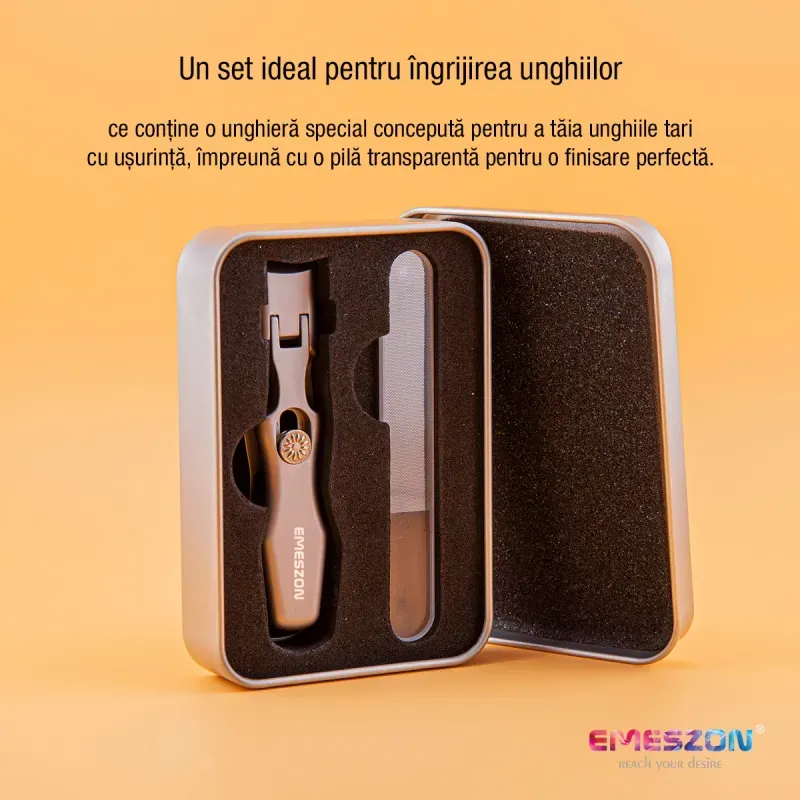 Ingrijire personala si Cosmetice - Manichiura si pedichiura - Unghiere si clesti manichiura & pedichiura - Set Profesional ingrijire unghii, EMESZON® U1, Unghiera din otel dur sablat, Pila transparenta, pentru unghii dure, gri - Infinity.ro