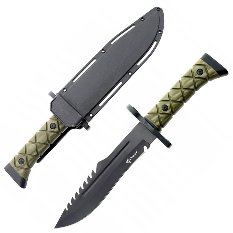 Sport si Outdoor - Camping - Cutite, bricege si accesorii - Cutite si bricege - Cutit militar tactic Foxter, lama cu ferastrau, 34 cm, toc, verde - Infinity.ro