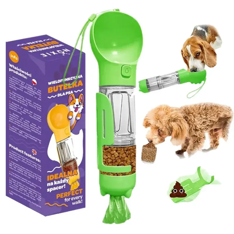 Casa si Gradina - Gradinarit si plante - Produse zootehnice - Adapatoare animale - Dispenser portabil de mancare si apa pentru caini si pisici Nuxie, 5 in 1, 300 ml, saci igienici, spatula, verde - Infinity.ro
