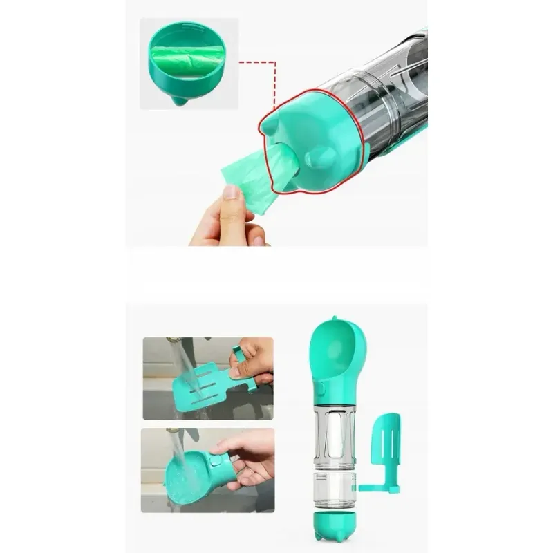 Casa si Gradina - Gradinarit si plante - Produse zootehnice - Adapatoare animale - Dispenser portabil de mancare si apa pentru caini si pisici Nuxie, 5 in 1, 300 ml, saci igienici, spatula, verde - Infinity.ro