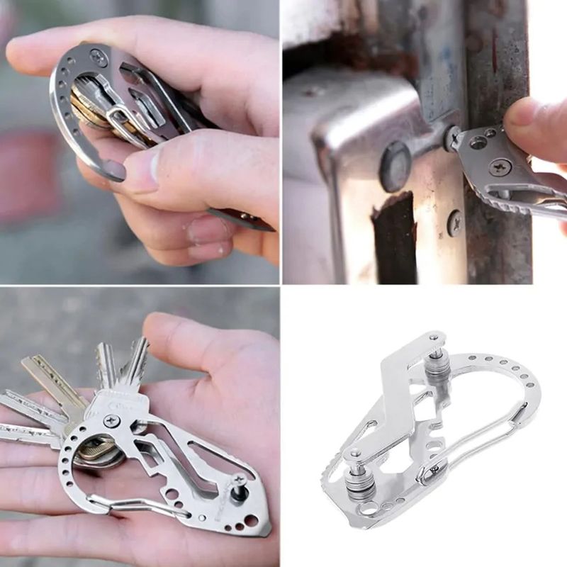 Sport si Outdoor - Camping - Accesorii camping si drumetii - Instrument multifunctional breloc pentru chei tip carabiniera, argintiu - Infinity.ro