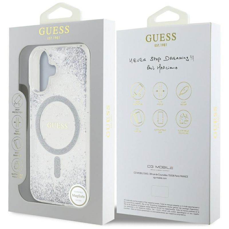Laptop, Telefoane si Tablete - Telefoane mobile si accesorii - Accesorii Telefoane - Huse telefoane - Husa pentru iPhone 16 - Guess Hardcase Resin Gradient Glitter MagSafe (GUHMP16SRGRGES) - Argintiu - Infinity.ro