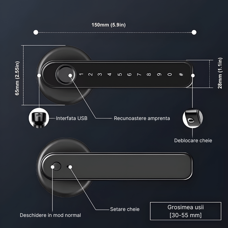 Casa si Gradina - Constructii - Feronerie si accesorii - Broaste si yale - Incuietoare inteligenta MaGeCa, 4 moduri de acces, Aplicatia Tuya, Deblocare Amprenta, Cod PIN, Cheie, Broasca, Neagra - Infinity.ro