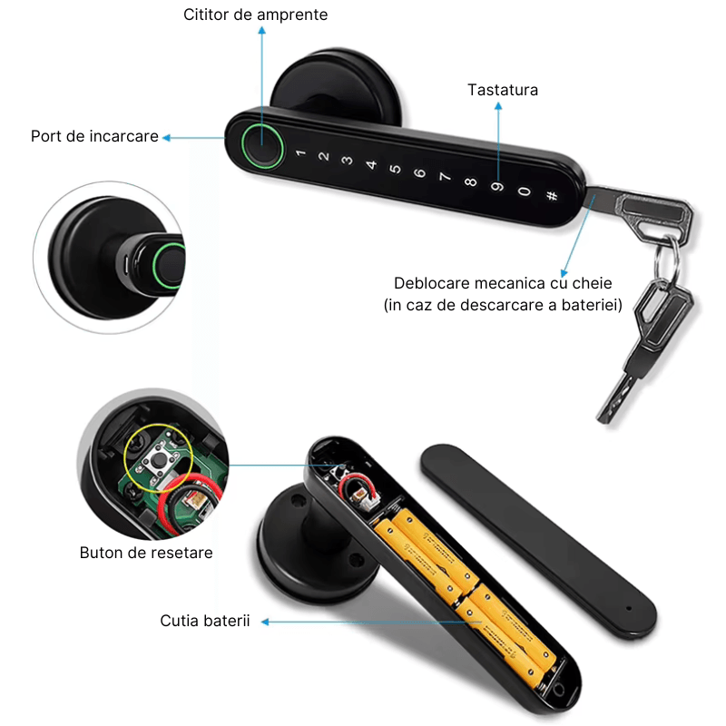Casa si Gradina - Constructii - Feronerie si accesorii - Broaste si yale - Incuietoare inteligenta MaGeCa, 4 moduri de acces, Aplicatia Tuya, Deblocare Amprenta, Cod PIN, Cheie, Broasca, Neagra - Infinity.ro