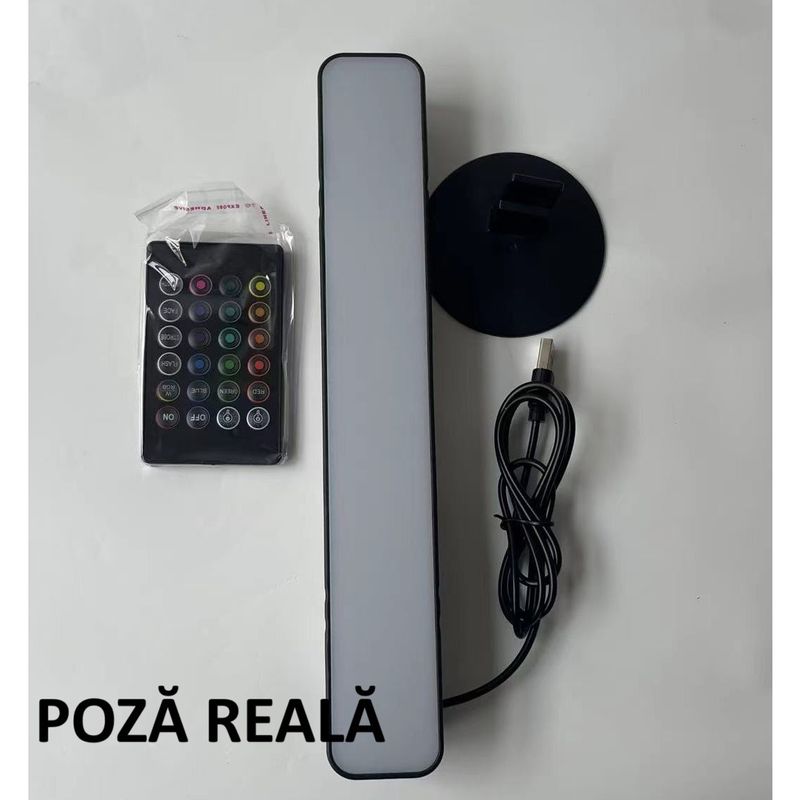 Casa si Gradina - Corpuri si surse de iluminat - Veioze si lampi - Veioze - Lampa de Birou, Flippy, RGB Colorat, 14 LED, Putere 5V, Telecomanda cu 24 de Taste, Cablu USB, Negru, 25.5x4x3.5cm - Infinity.ro