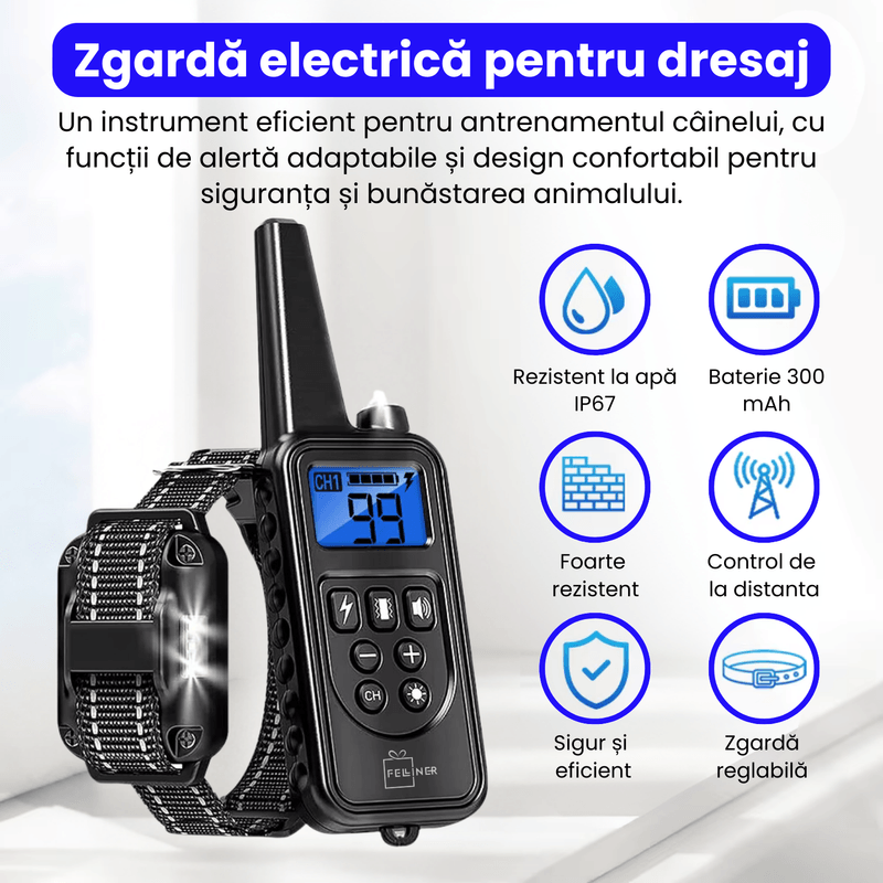Petshop - Accesorii petshop - Zgarzi, lese si hamuri - Zgarzi - Zgarda electrica pentru dresaj caini, 880-3, 99 nivele de vibratii, 800m, 3 moduri antrenament, IP67, negru - Infinity.ro