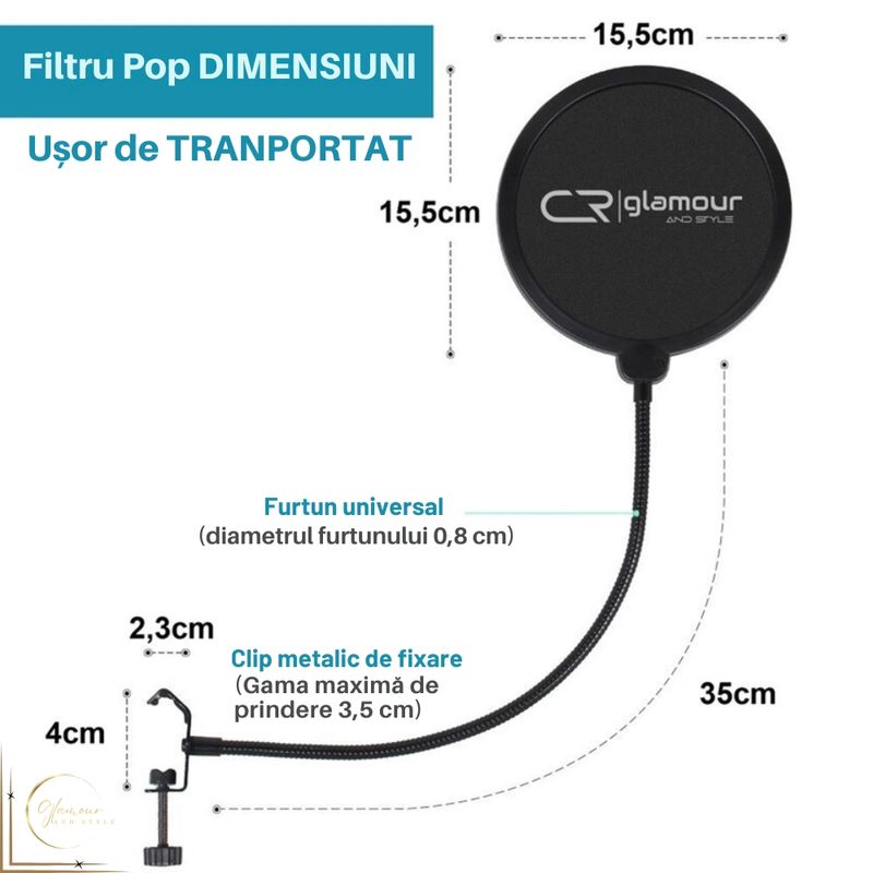 TV, Audio-Video si Foto - Audio Hi-Fi - Accesorii Audio Hi-Fi - Filtru protectie microfon Profesional, Filtrare Dubla, Flexibil 360°, Gat de metal Reglabil, Negru+Gri, Pop Filtru - Infinity.ro