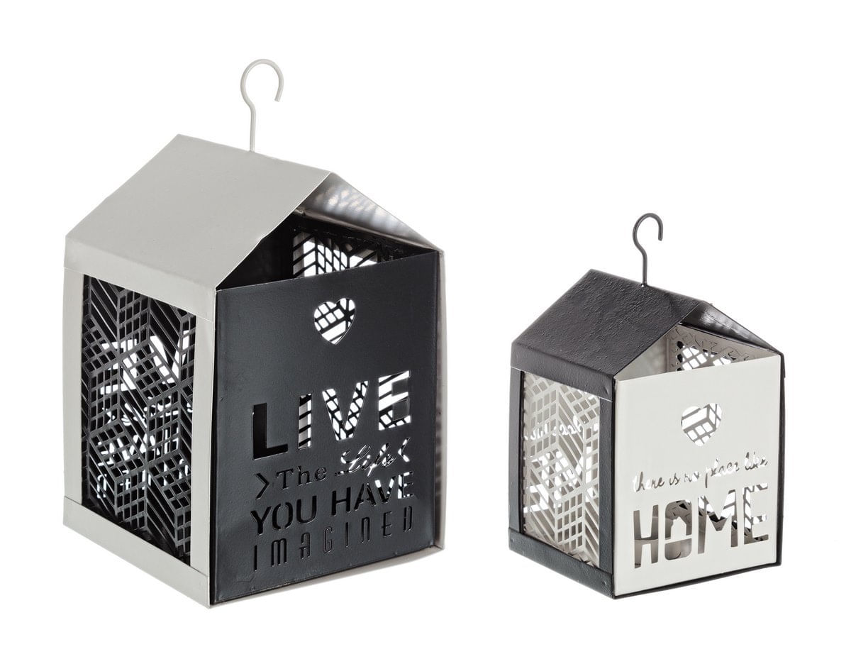 Set 2 felinare suspendabile din metal alb negru Armonia 11 cm x 11 cm x 20 h, 15 cm x 15 cm x 26 h