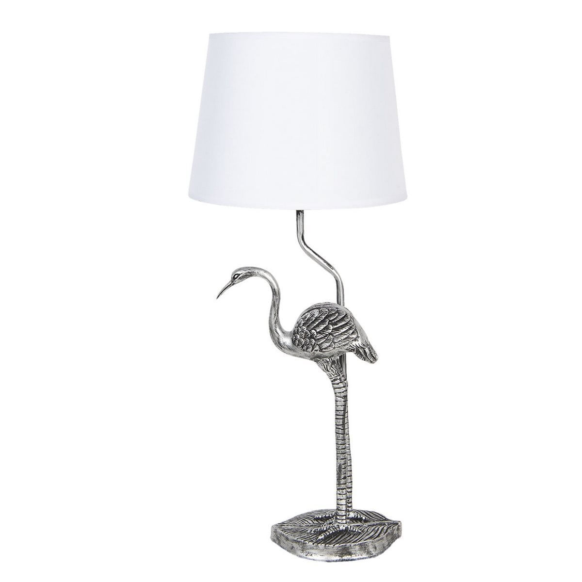 Veioza decorativa din polirasina argintie cu abajur textil alb Flamingo  25 cm x 28 h