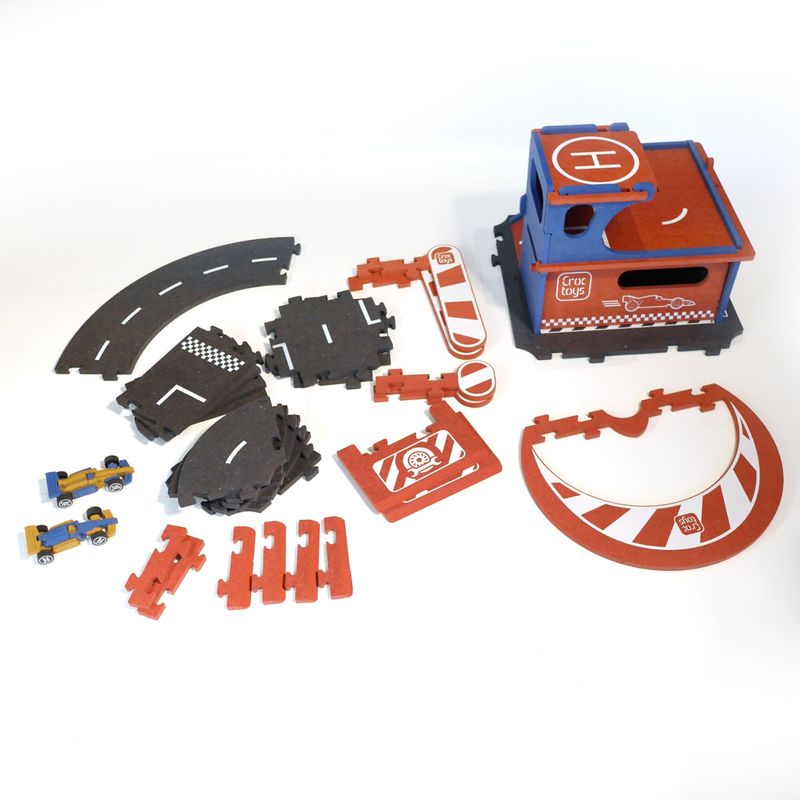 Jucarii, Copii si Bebe - Jucarii si jocuri - Seturi de constructie si cuburi - Seturi de constructie - Set de constructie Garaj modular cu pista si 2 masini de curse, Croc toys - Infinity.ro