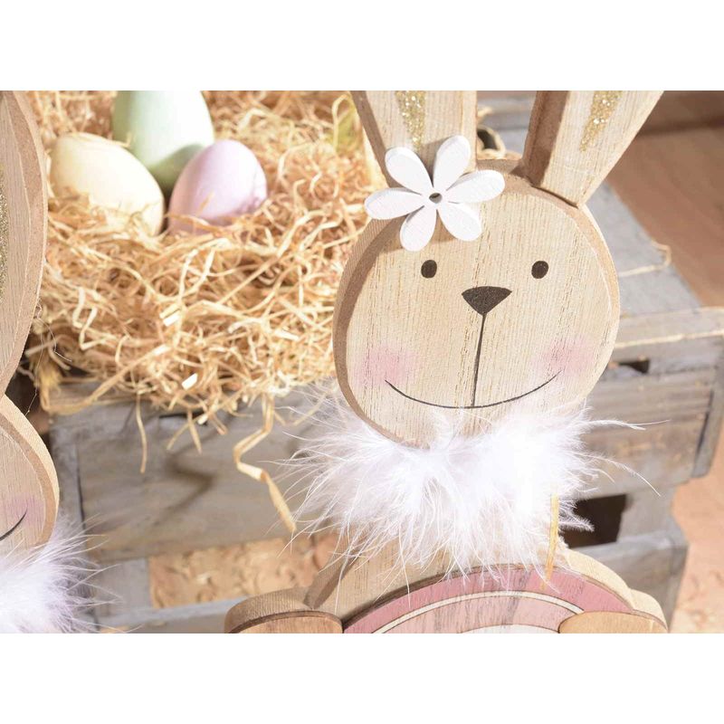 Casa si Gradina - Decoratiuni - Decoratiuni de sezon - Figurina Iepuras Paste din lemn natur si roz 12 cm x 6 cm x 40 h - Infinity.ro
