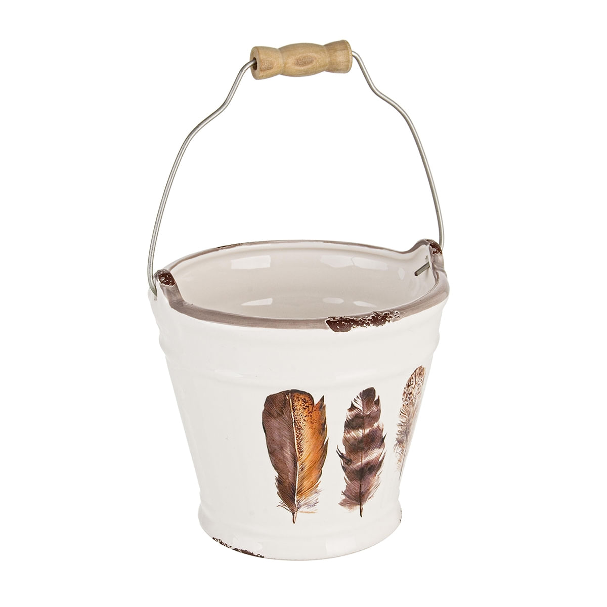 Ghiveci decorativ pentru flori ceramica alba maro  13 cm x 12h