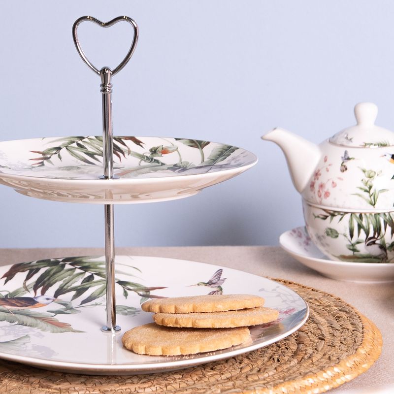 Casa si Gradina - Bucatarie si vesela - Vesela si tacamuri - Platouri de bucatarie - Platou deserturi aperitive portelan model floral 2 etaje  26 cm - Infinity.ro