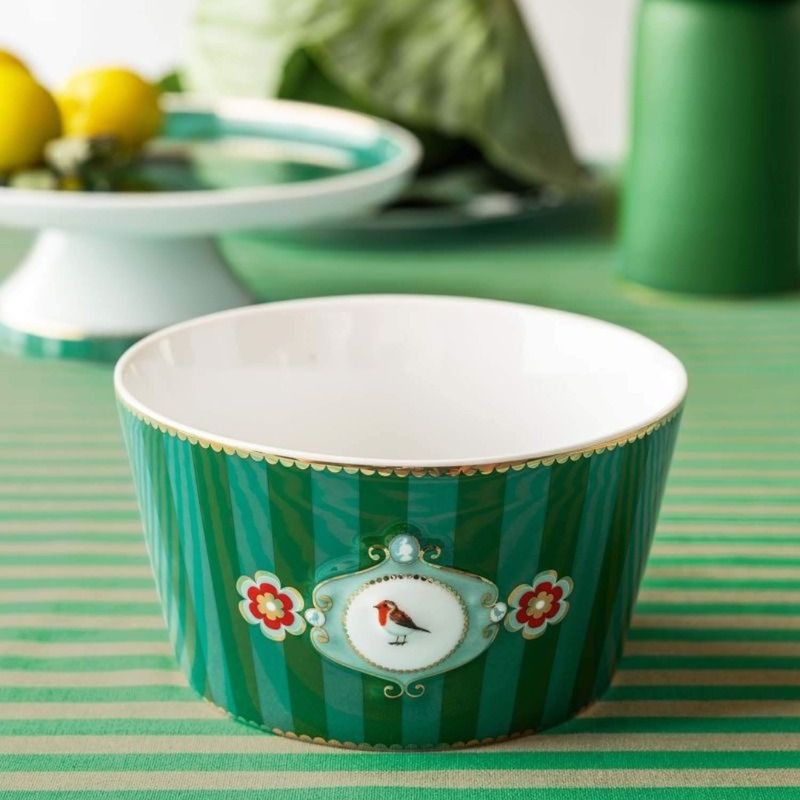 Casa si Gradina - Bucatarie si vesela - Vesela si tacamuri - Farfurii si boluri - Bol din portelan, Pip Studio, Stripes Green, 15 cm, colectia Love Birds - Infinity.ro