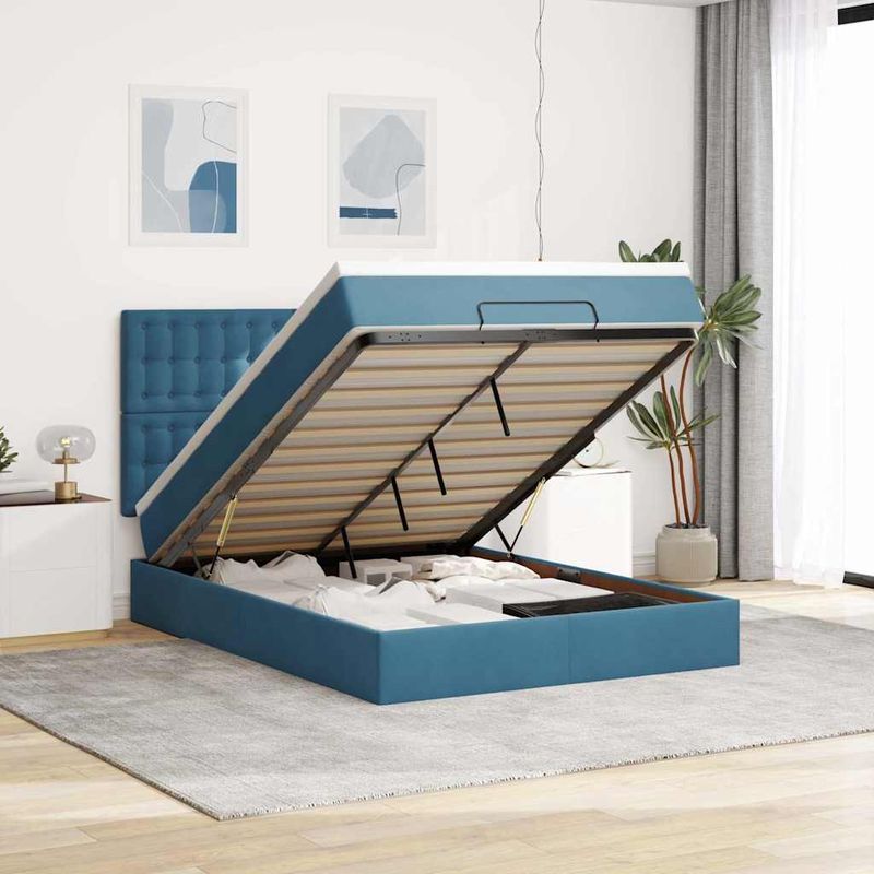 Casa si Gradina - Mobilier - Paturi si accesorii - Paturi - Cadru pat otoman cu saltele Albastru inchis 140x200cm catifea - Infinity.ro