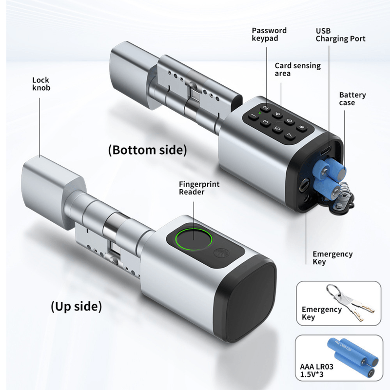 Casa si Gradina - Constructii - Feronerie si accesorii - Broaste si yale - Butuc de yala inteligent de tip incuietoare cilindrica smart lock, amprenta, aplicatie mobila, cheie mecanica, crome - Infinity.ro