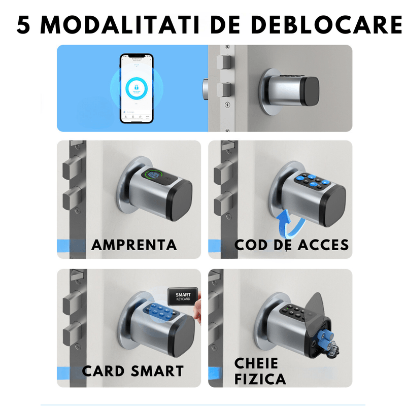 Casa si Gradina - Constructii - Feronerie si accesorii - Broaste si yale - Butuc de yala inteligent de tip incuietoare cilindrica smart lock, amprenta, aplicatie mobila, cheie mecanica, crome - Infinity.ro