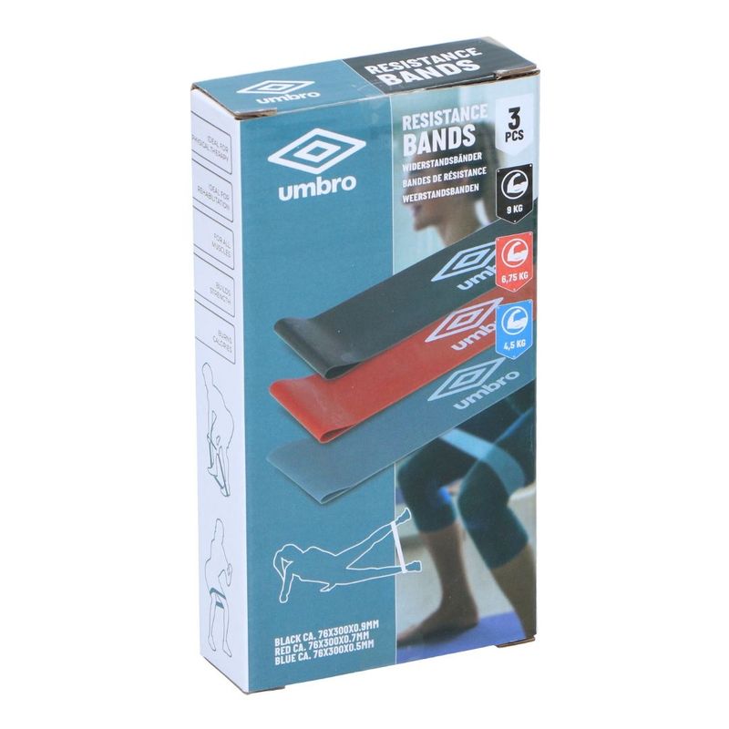 Sport si Outdoor - Fitness - Accesorii fitness - Benzi elastice fitness - Set 3 benzi elastice fitness, Umbro®, niveluri diferite de rezistenta, 30x7,6 cm - Infinity.ro